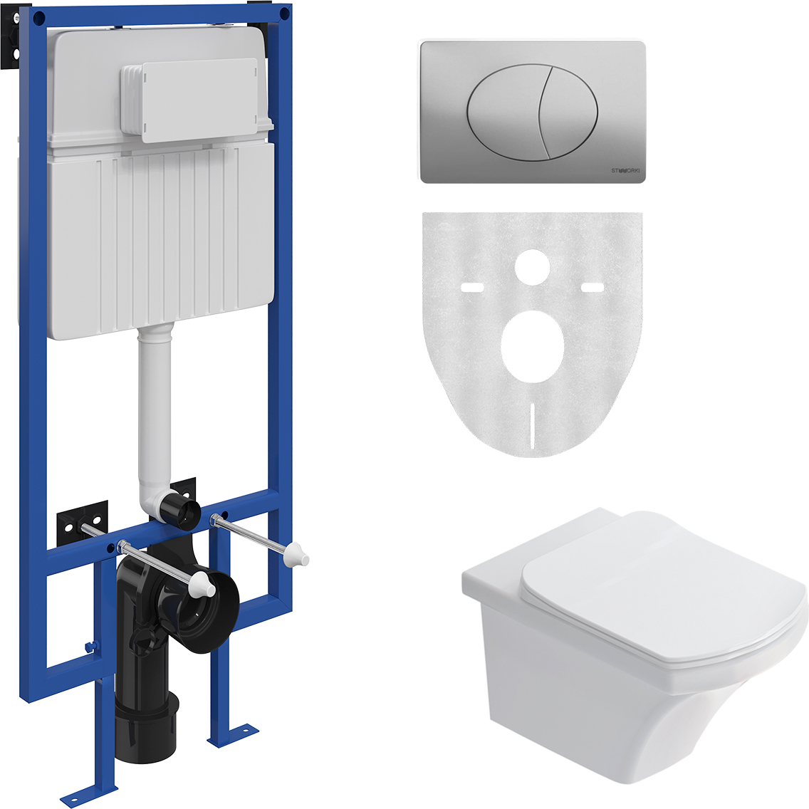 Комплект 3 в 1 Унитаз подвесной STWORKI Хальмстад SETK2804-0606-001-1-6000 с микролифтом + Инсталляция 510162 + Кнопка 230822 цвет глянцевый хром