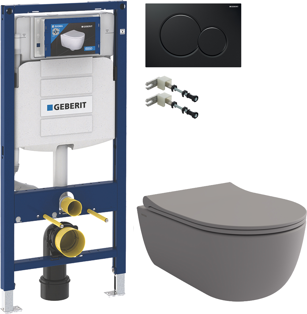 Комплект Унитаз подвесной BOCCHI V-Tondo 1417-006-0129 тонкая крышка с микролифтом, серый матовый + Система инсталляции для унитазов Geberit Duofix UP 320 111.300.00.5 + Кнопка смыва Geberit Sigma 01 115.770.DW.5 черная + Комплект крепления для инсталляци