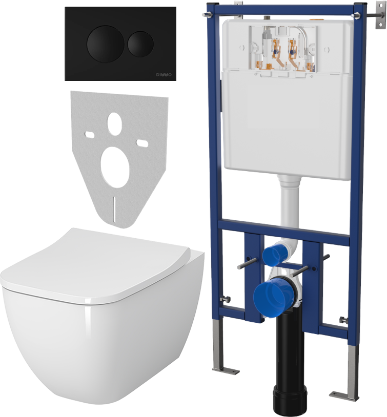 Комплект Унитаз подвесной VitrA Shift 7742B003-0075 крышка NKP Lento 0405, безободковый, с микролифтом + Система инсталляции для унитазов DIWO 4501 + Кнопка смыва DIWO 7313 черная матовая