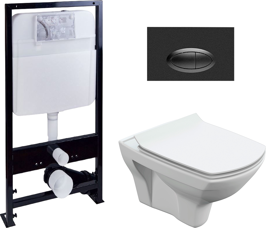 Комплект Унитаз подвесной Cersanit Carina XL Clean On DPL EO slim + Система инсталляции EWRIKA ProLT 0026-2020 + Кнопка смыва EWRIKA 0054 черная матовая