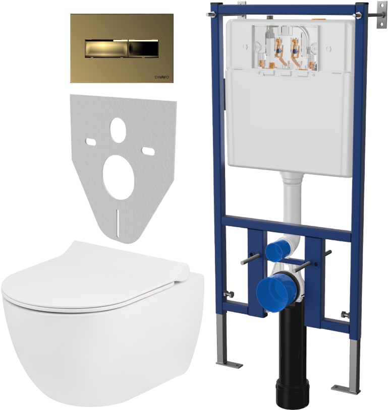 Комплект Унитаз подвесной Seramiksan Hill A031161H безободковый, с микролифтом + Система инсталляции для унитазов DIWO 4501 + Кнопка смыва DIWO 7325 золотая