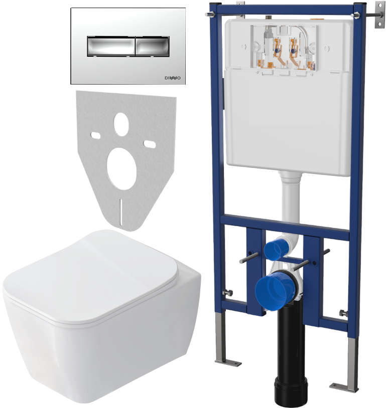 Комплект Унитаз подвесной STWORKI Монтре SETK3204-2616 безободковый, с микролифтом + Система инсталляции для унитазов DIWO 4501 + Кнопка смыва DIWO 7322 хром