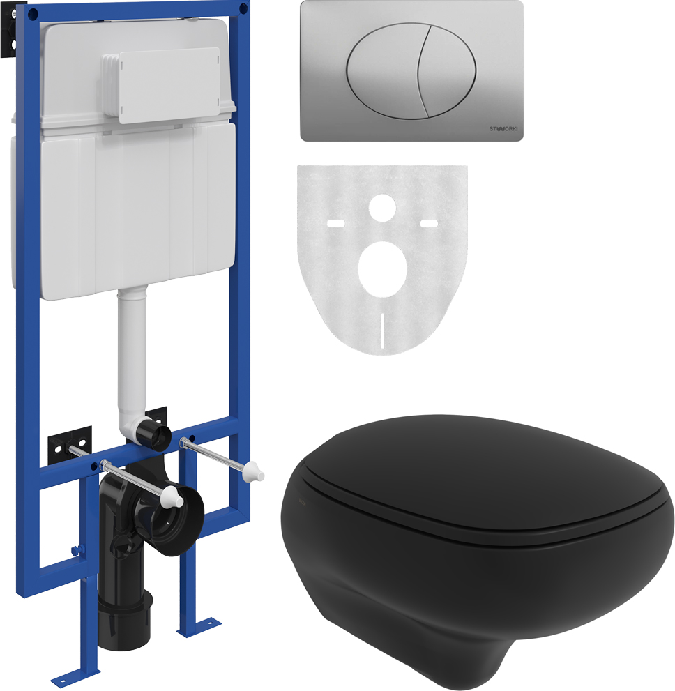 Комплект Унитаз подвесной BOCCHI Fenice 1166-004-0129 с микролифтом, черный матовый + Система инсталляции для унитазов STWORKI 510163 + Кнопка смыва STWORKI 230823 хром матовый