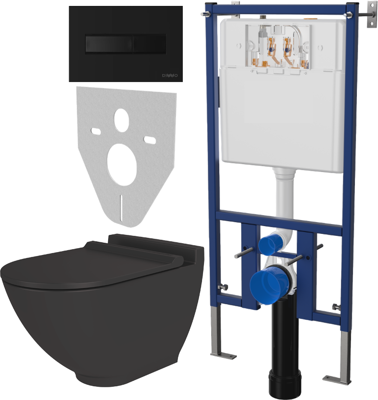 Комплект Унитаз подвесной STWORKI Rotenburg SWH52 безободковый, с микролифтом + Система инсталляции для унитазов DIWO 4501 + Кнопка смыва DIWO 7323 черная матовая