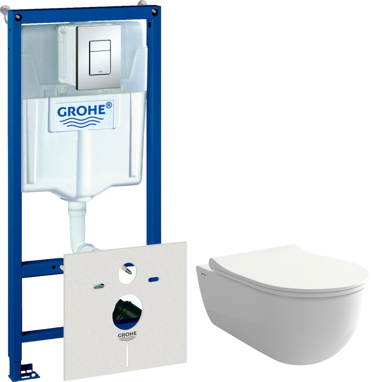 Комплект  Унитаз подвесной BOCCHI V-Tondo 1416-001-0129 белый глянцевый, тонкая крышка с микролифтом + Система инсталляции для унитазов Grohe Rapid SL 38775001 4 в 1 с кнопкой смыва
