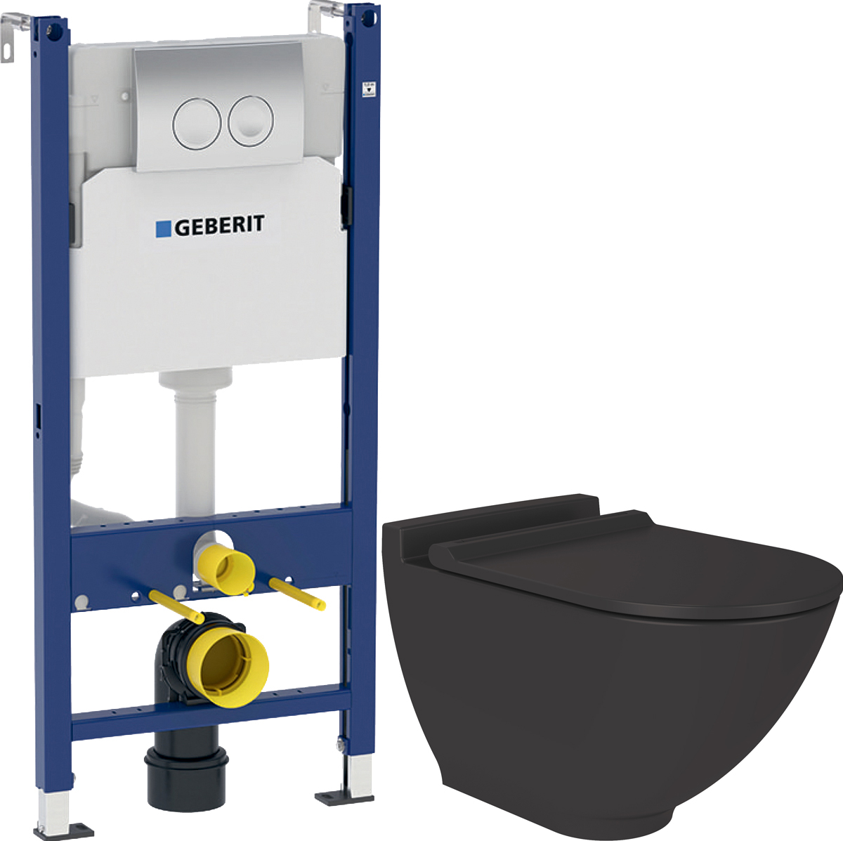 Комплект  Унитаз подвесной STWORKI Rotenburg SWH52 безободковый , черный , с прямым выпуском , с микролифтом + Система инсталляции для унитазов Geberit Duofix UP100 458.124.21.1S с кнопкой смыва хром