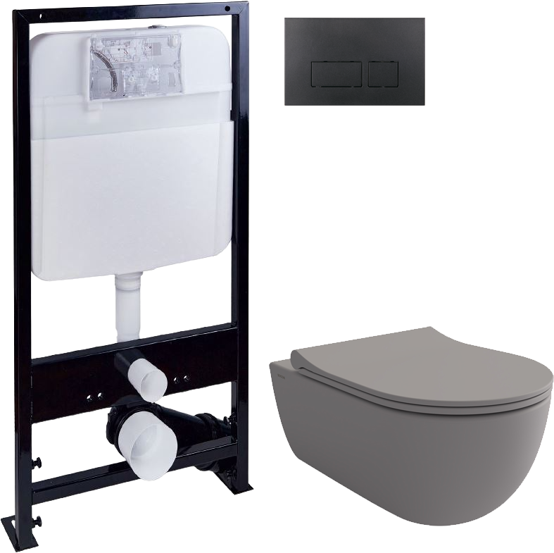 Комплект Унитаз подвесной BOCCHI V-Tondo 1417-006-0129 безободковый, серый матовый + Крышка A0336-006 с микролифтом, серая матовая + Инсталляция EWRIKA ProLT 0026-2020 + Кнопка 0044 черная матовая