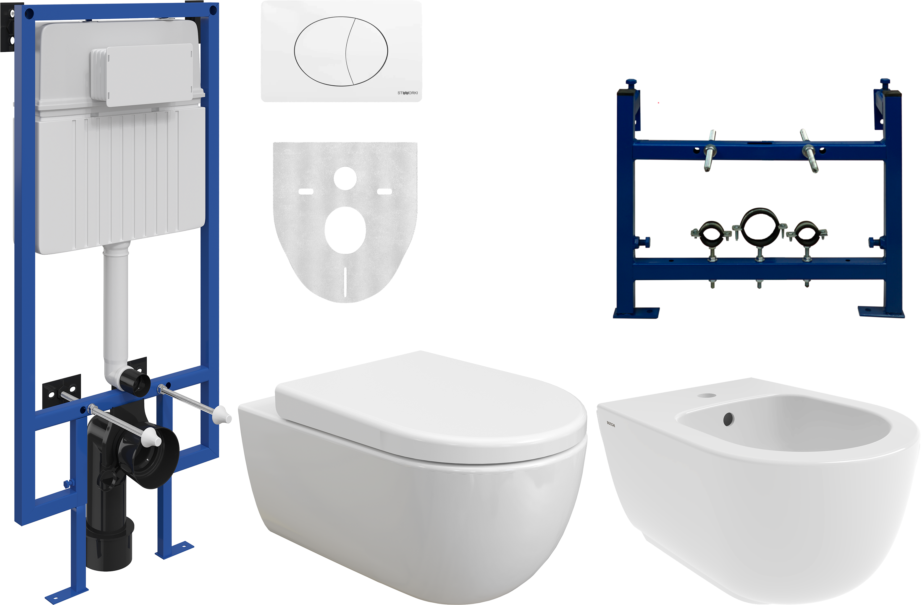 Комплект Унитаз подвесной BOCCHI V-Tondo 1416-001-0129 белый глянцевый + Крышка A0301-001 с микролифтом + Инсталляция STWORKI 510162 + Кнопка 230824 белая + Биде 1487-001-0120 + Инсталляция 540201