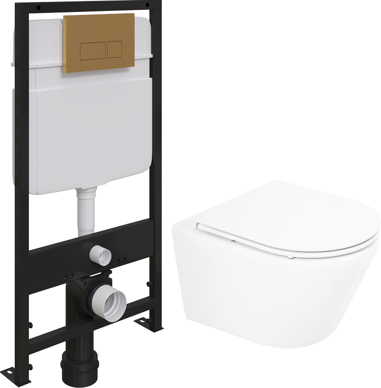 Комплект  Унитаз подвесной BelBagno Tre BB8001CHR/SC + Система инсталляции для унитазов EWRIKA ProLT 0026-2020 + Кнопка смыва EWRIKA 0043 золото матовое