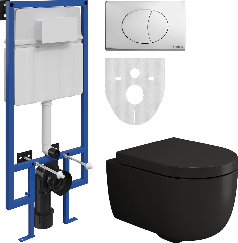 Комплект Унитаз подвесной BOCCHI V-Tondo 1417-004-0129 с микролифтом, черный матовый + Система инсталляции для унитазов STWORKI 510163 + Кнопка смыва STWORKI 230823 хром матовый