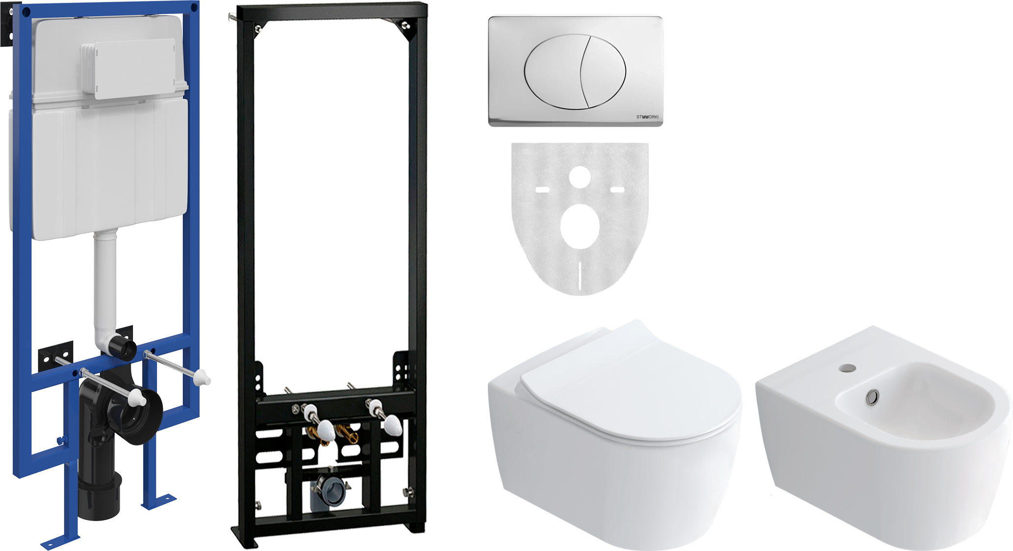 Комплект Унитаз подвесной STWORKI Ноттвиль SETK3104-2616 безободковый, с микролифтом, белый + Инсталляция + Кнопка 230822 хром глянцевый + Биде подвесное K3106-2605 + Инсталляция AlcaPlast A105 /1120