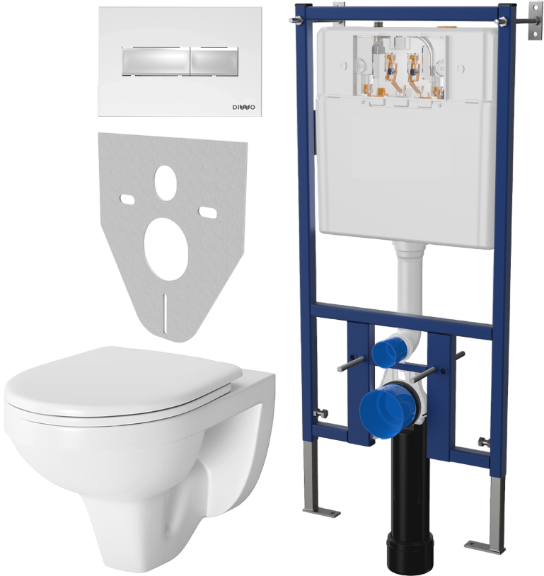 Комплект Унитаз подвесной Berges Wasserhaus Gamma 081105 с микролифтом + Система инсталляции для унитазов DIWO 4501 + Кнопка смыва DIWO 7320 белая