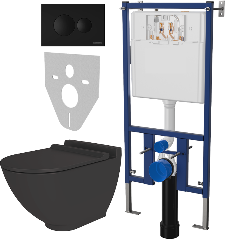 Комплект Унитаз подвесной STWORKI Rotenburg SWH52 безободковый, с микролифтом + Система инсталляции для унитазов DIWO 4501 + Кнопка смыва DIWO 7313 черная матовая