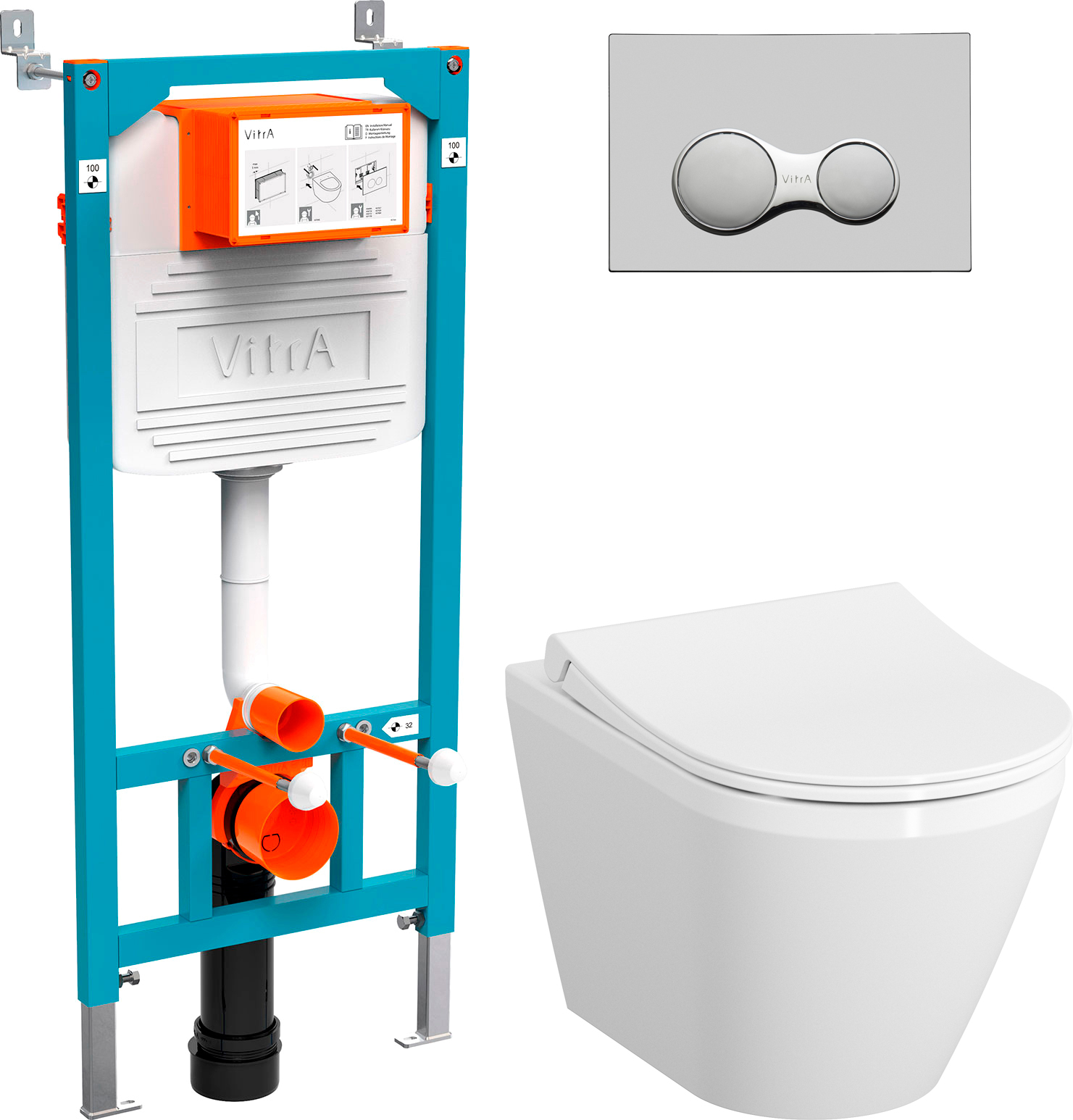 Комплект Унитаз подвесной VitrA Integra 7040B003-0075 + Крышка 110-003-019 + Инсталляция 800-2010 с кнопкой смыва, хром