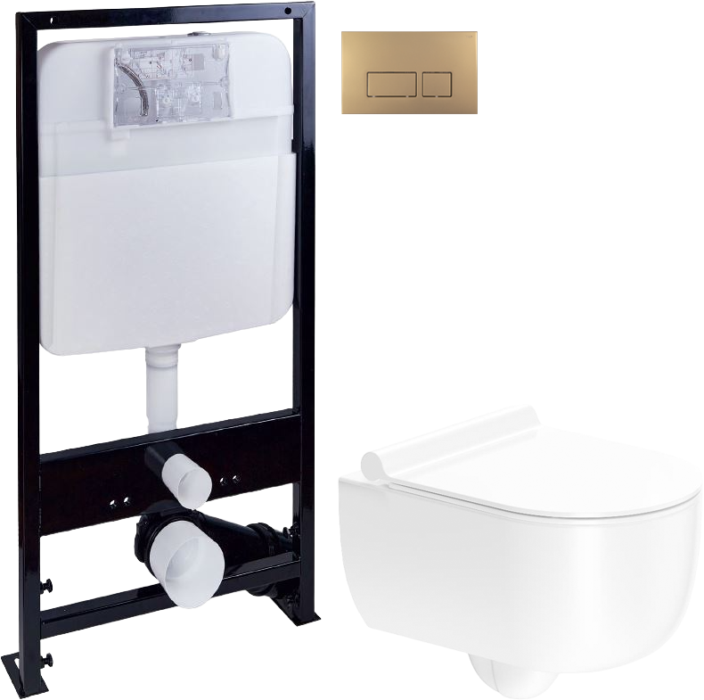 Комплект Унитаз подвесной STWORKI Ольборг HCOLB1700SC безободковый, с микролифтом + Инсталляция EWRIKA ProLT 0026-2020 + Кнопка 0043 золото матовое