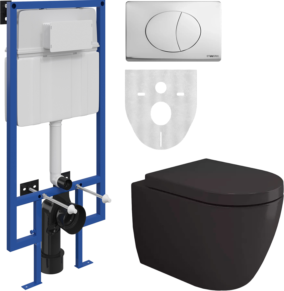 Комплект Унитаз подвесной BOCCHI Venezia 1295-004-0129 с микролифтом, черный матовый + Система инсталляции для унитазов STWORKI 510163 + Кнопка смыва STWORKI 230823 хром матовый