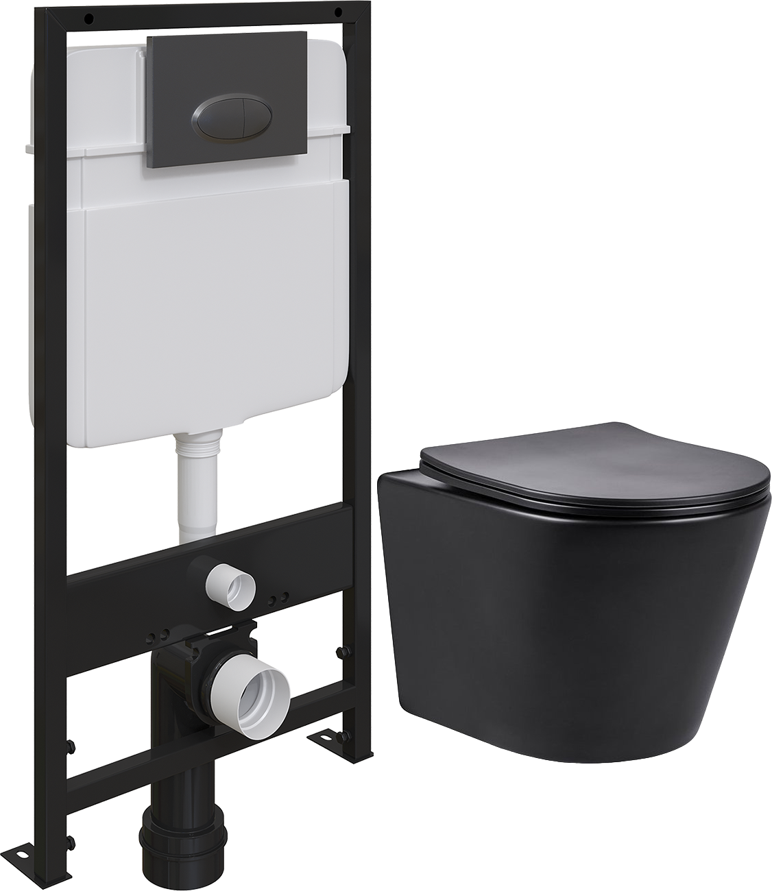 Комплект Унитаз подвесной Vincea Piatti VT1-11MB безободковый, с микролифтом + Система инсталляции для унитазов EWRIKA ProLT 0026-2020 + Кнопка смыва EWRIKA 0054 черная матовая