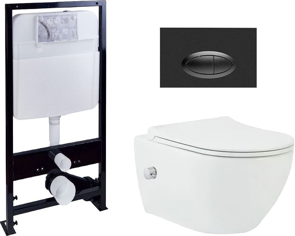 Комплект Унитаз подвесной beWash Bogen 88343601 со смесителем, системой микролифт, белый + Система инсталляции для унитазов EWRIKA ProLT 0026-2020 + Кнопка смыва EWRIKA 0054 черная матовая