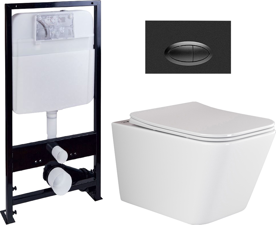 Комплект Унитаз подвесной Ceramica Nova Metric Rimless CN3007 с микролифтом, безободковый + Система инсталляции EWRIKA ProLT 0026-2020 + Кнопка смыва EWRIKA 0054 черная матовая
