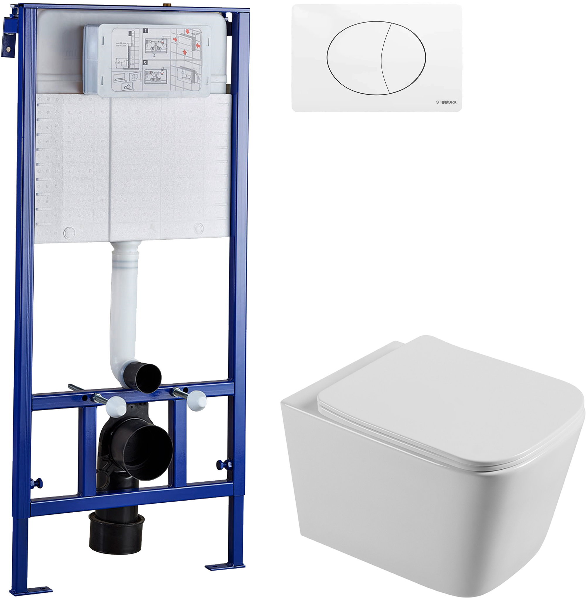 Комплект Унитаз подвесной STWORKI Бурос BU-04up безободковый, с микролифтом + Инсталляция + Кнопка 230824 белая