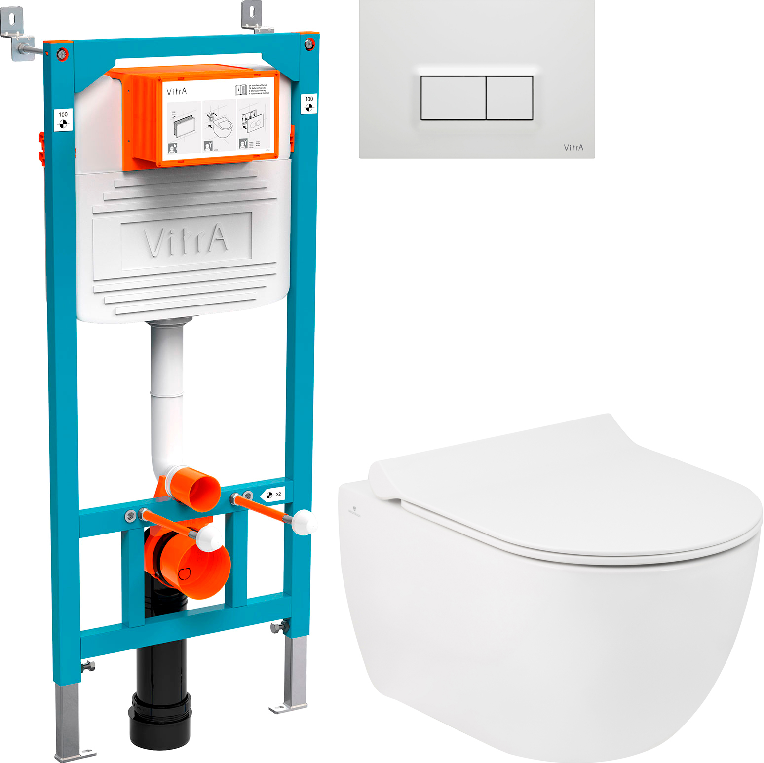 Комплект  Унитаз подвесной Seramiksan Hill A031161H с микролифтом + Система инсталляции для унитазов VitrA 800-2012 с кнопкой смыва, белая