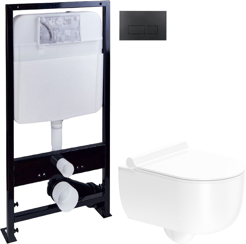 Комплект Унитаз подвесной STWORKI Ольборг HCOLB1700SC безободковый, с микролифтом + Инсталляция EWRIKA ProLT 0026-2020 + Кнопка 0044 черная матовая