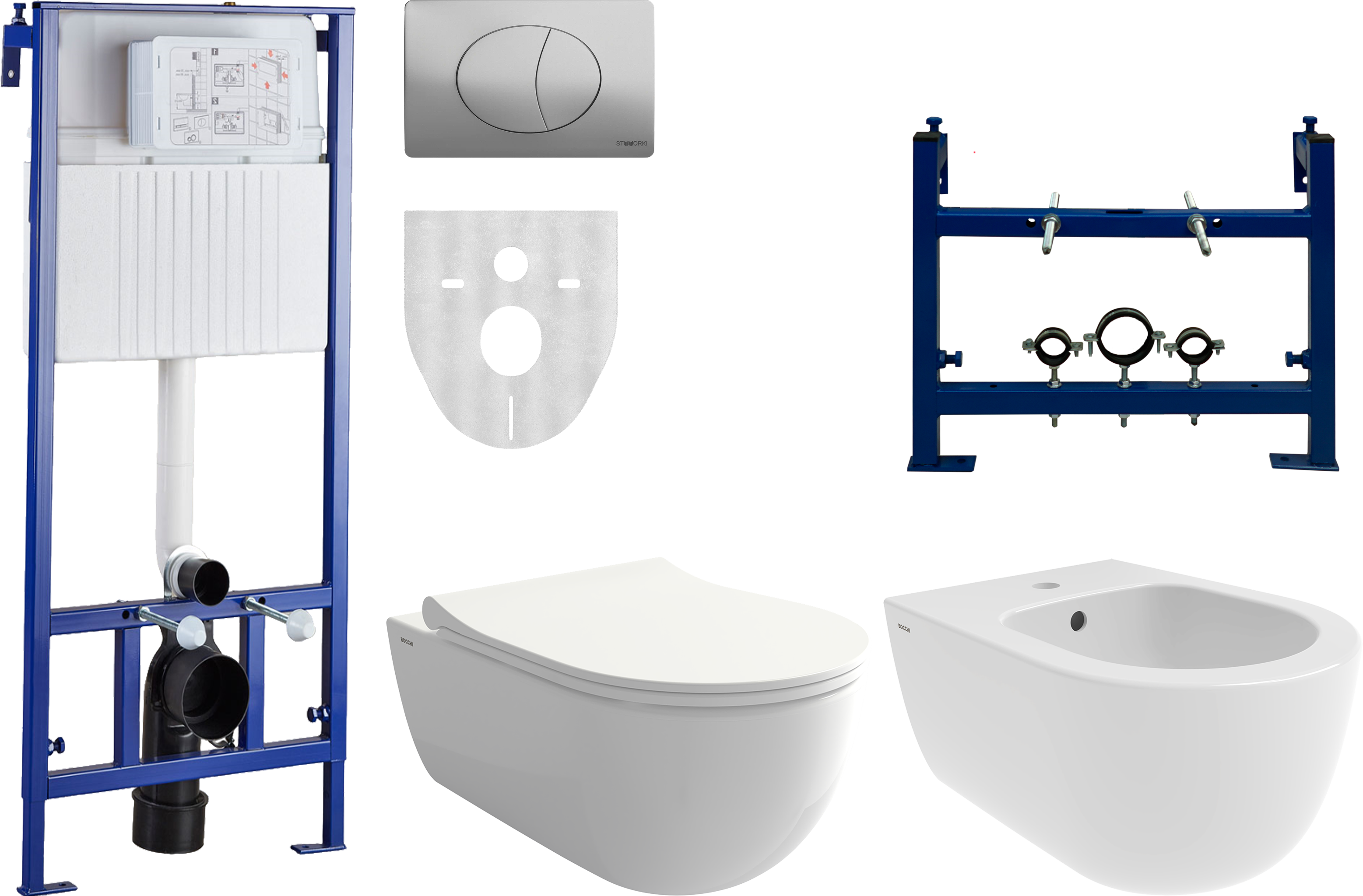 Комплект Унитаз подвесной BOCCHI V-Tondo 1416-001-0129 белая глянцевая + Крышка A0336-001 с микролифтом, глянцевая белая + Инсталляция STWORKI + Кнопка 230823 хром матовый + Биде подвесное + Инсталляция