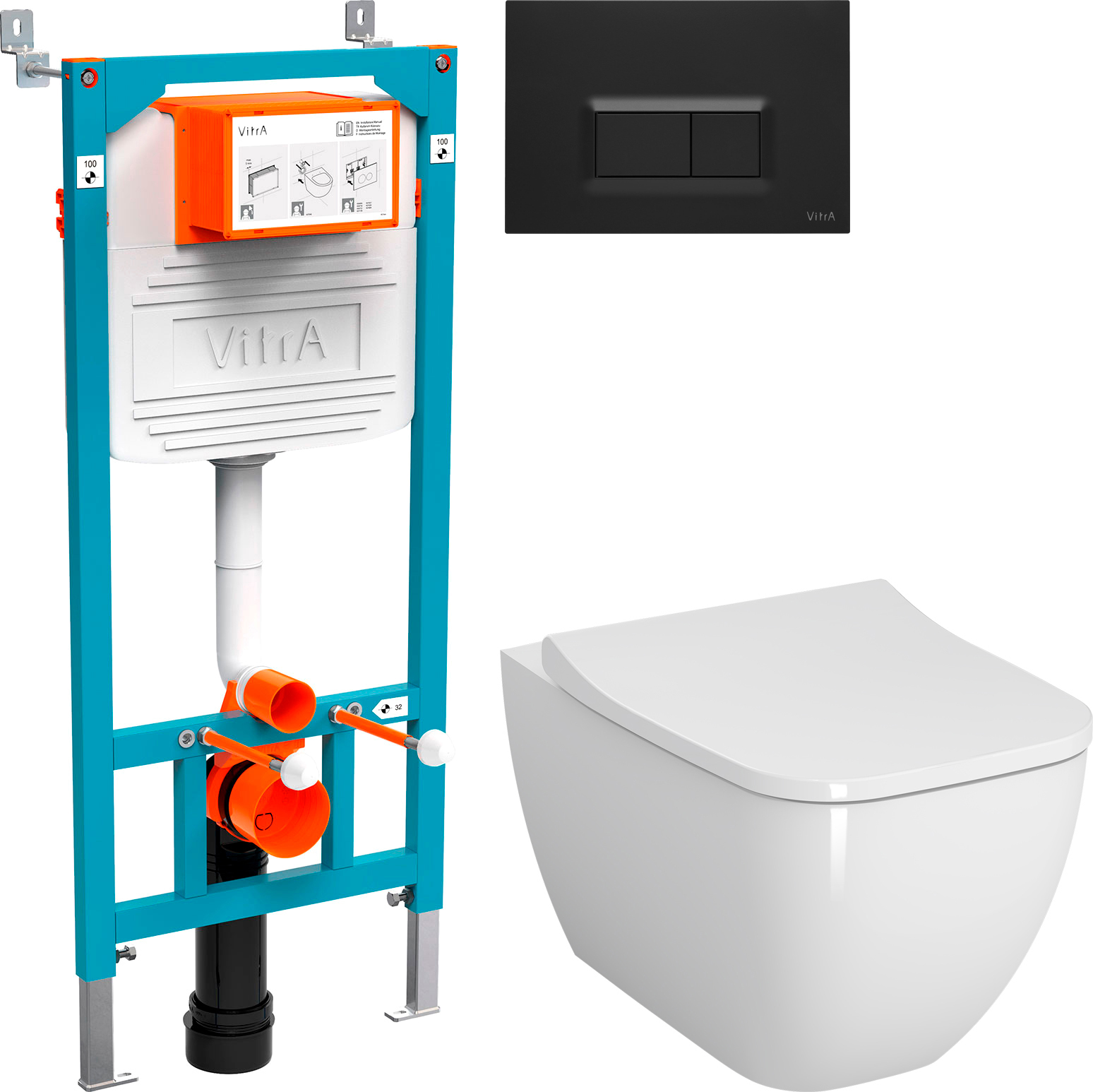 Комплект  Чаша для унитаза подвесного VitrA Shift 7742B003-0075 белая глянцевая + Крышка-сиденье NKP Lento 0405 с микролифтом + Система инсталляции для унитазов VitrA 800-2014 с кнопкой смыва, черная