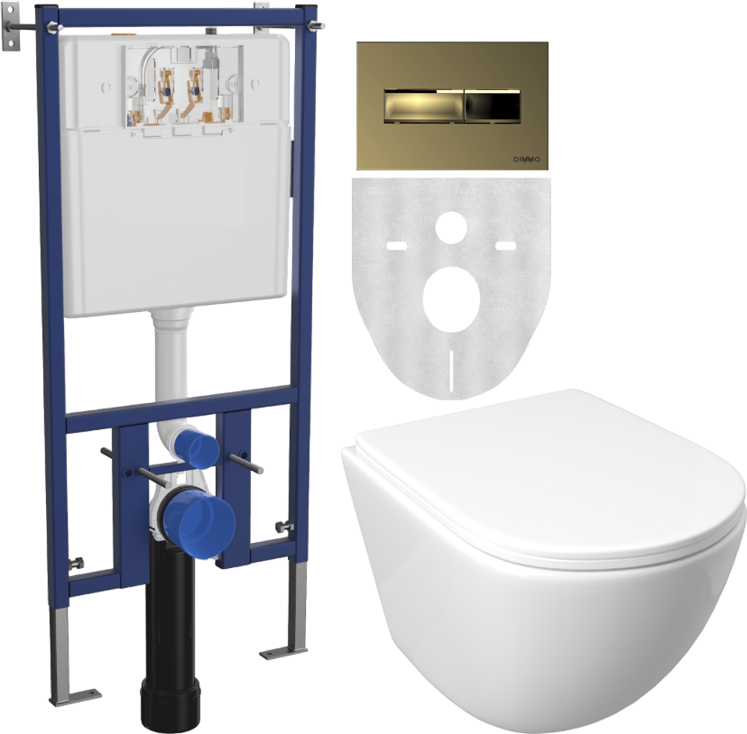 Комплект Унитаз подвесной DIWO Смоленск 11338-1-2 11Z-IG11 безободковый, с микролифтом + Инсталляция 4501 + Кнопка 7325 золотая