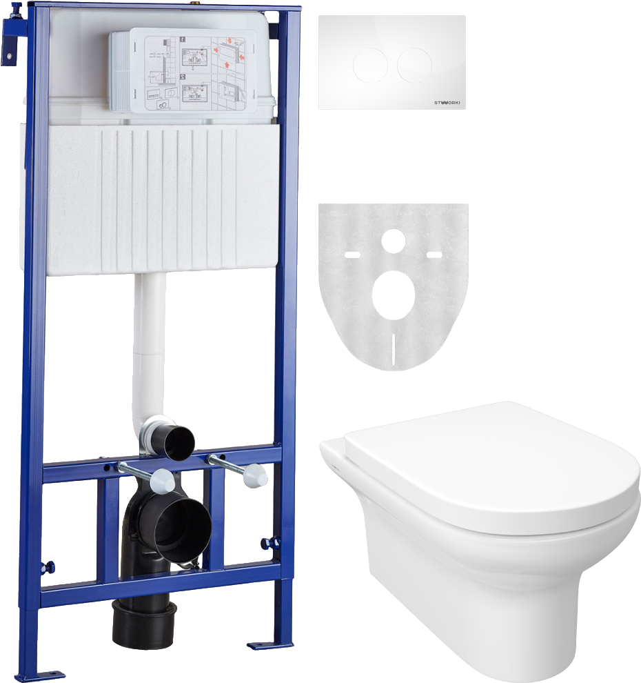 Комплект Унитаз подвесной STWORKI Хаммель HDC520WH с микролифтом + Инсталляция + Кнопка Хельсинки 500470 белая