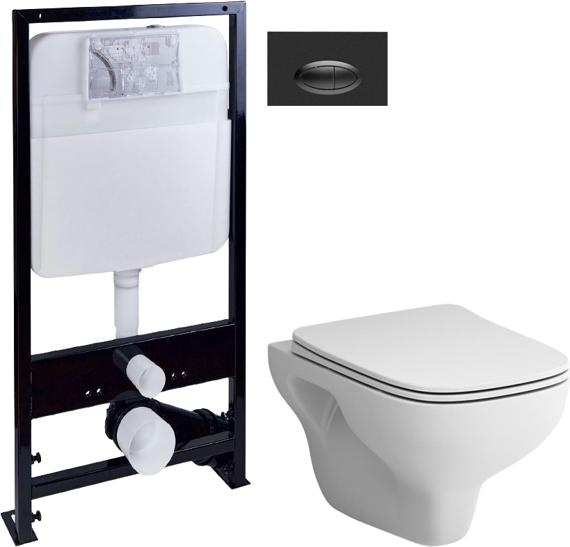 Комплект Унитаз подвесной STWORKI Берген HCBRG1700SC безободковый, с микролифтом + Инсталляция EWRIKA ProLT 0026-2020 + Кнопка 0054 черная матовая