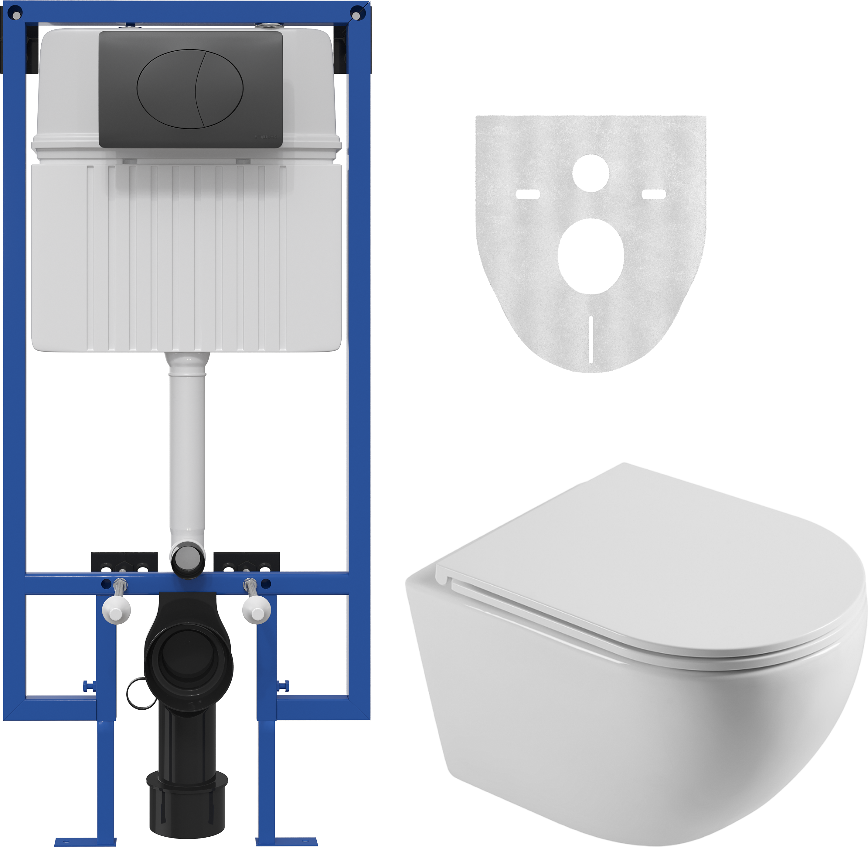 Комплект Унитаз подвесной STWORKI Скаген SK-09up безободковый, с микролифтом + Инсталляция + Кнопка 230858 черный матовый