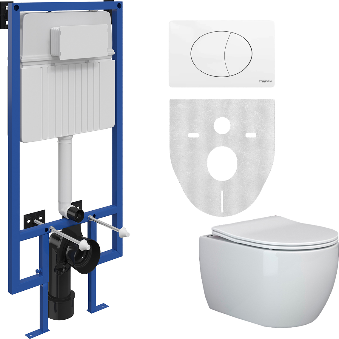 Комплект STWORKI Унитаз подвесной Ceramica Nova Play CN3001 безободковый + Система инсталляции для унитазов STWORKI 510162 + кнопка смыва