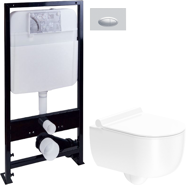 Комплект Унитаз подвесной STWORKI Ольборг HCOLB1700SC безободковый, с микролифтом + Инсталляция EWRIKA ProLT 0026-2020 + Кнопка 0050 хром матовый