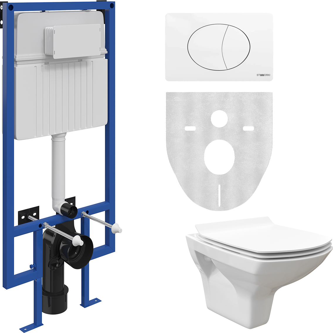 Комплект Унитаз подвесной STWORKI Стокгольм Clean On DPL EO slim 63428 безободковый + Система инсталляции для унитазов STWORKI 510162 + кнопка смыва