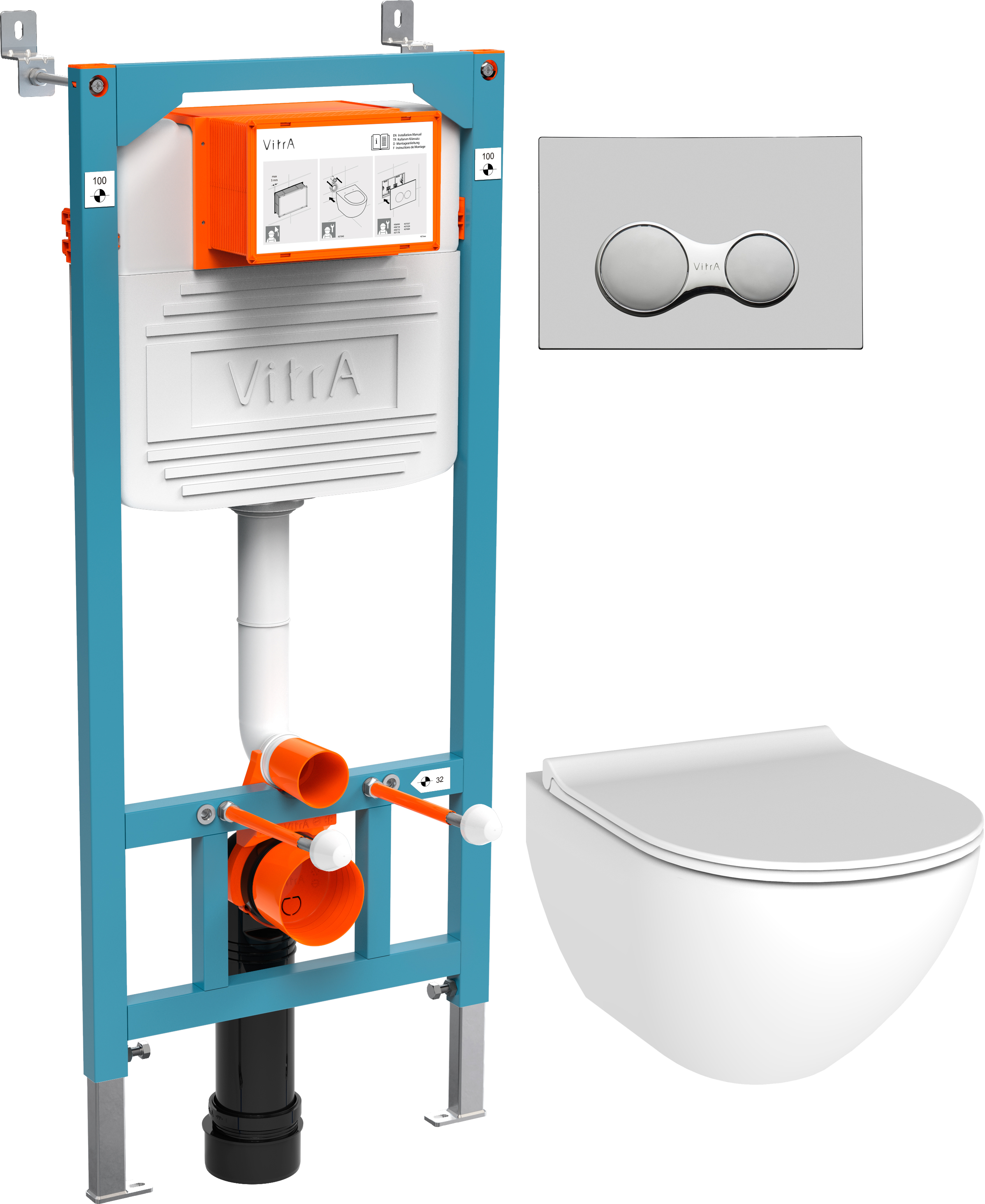 Комплект Унитаз подвесной STWORKI Merlingen HWH55 безободковый + Инсталляция VitrA 800-2010 с кнопкой смыва, хром