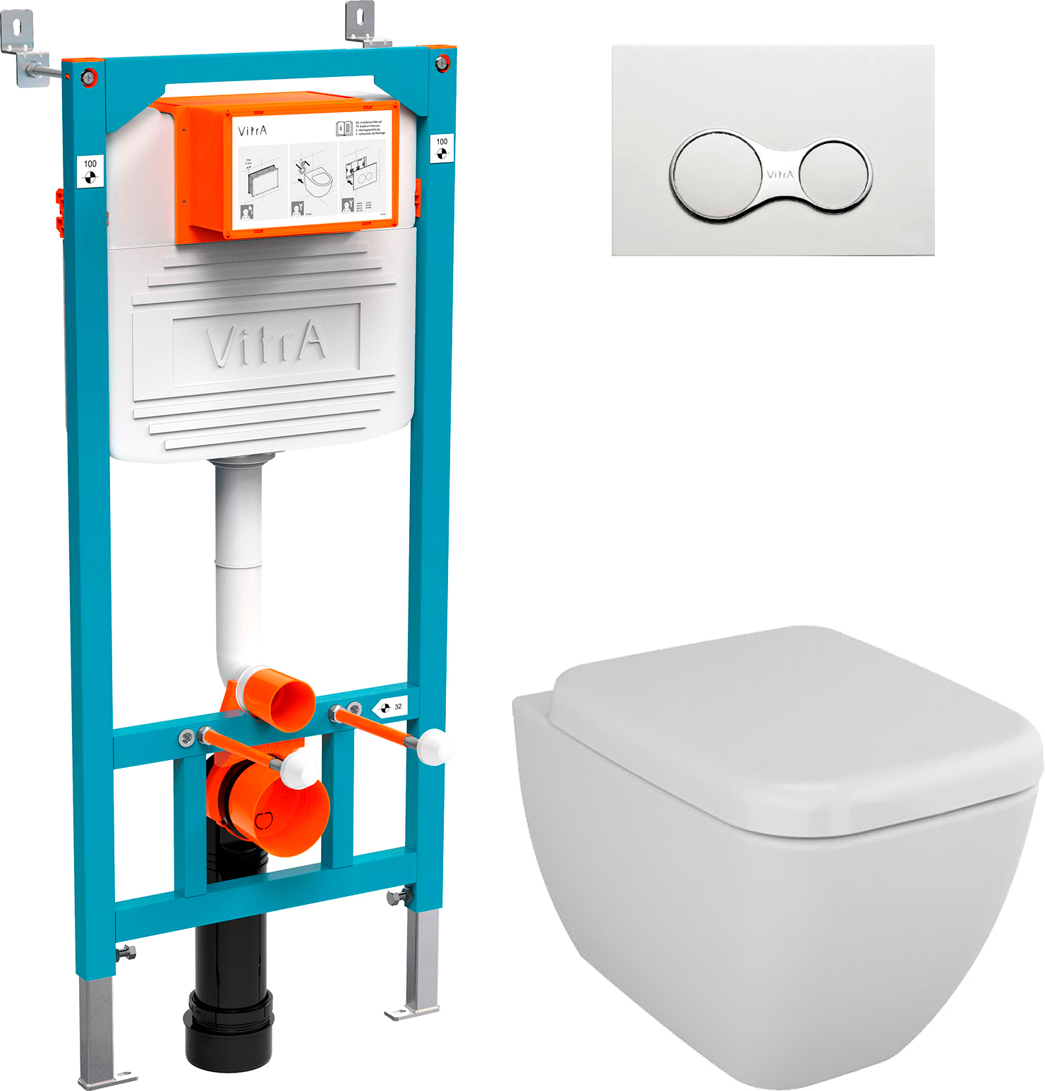 Комплект Унитаз подвесной VitrA Shift 7742B003-0075 белая глянцевая + Крышка 91-003-009 с микролифтом, петли хром + Инсталляция 800-2009 с кнопкой смыва, белая
