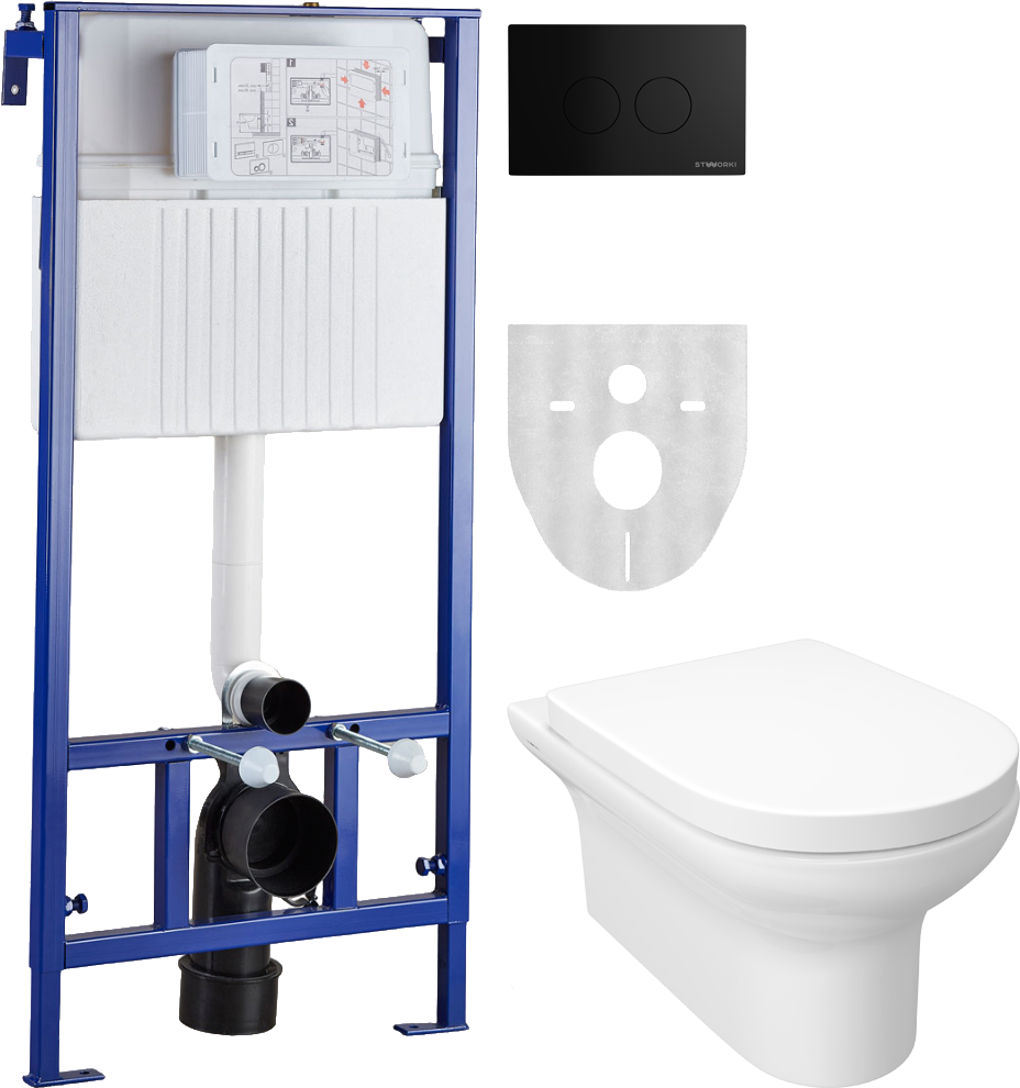 Комплект Унитаз подвесной STWORKI Хаммель HDC520WH с микролифтом + Инсталляция + Кнопка Хельсинки 500471 черная матовая
