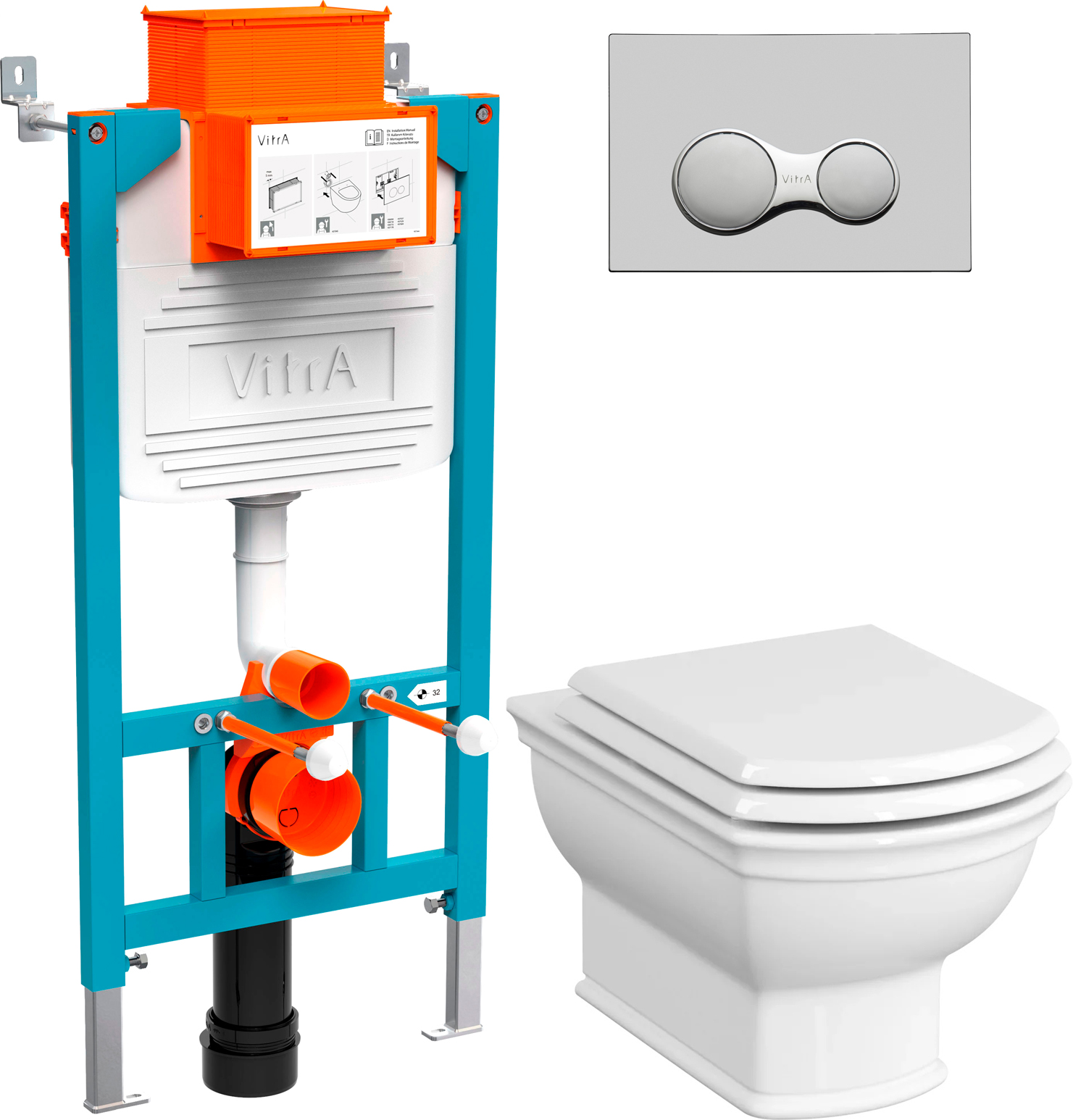 Комплект  Система инсталляции VitrA 800-2015 с кнопкой смыва, хром + Чаша для унитаза подвесного VitrA Valarte 7805B003-0075 + Крышка-сиденье VitrA Valarte 124-003-009 с микролифтом