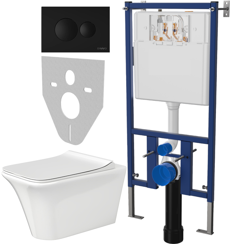 Комплект Унитаз подвесной Cerutti Spa Nivolet Aria 9034 безободковый, с микролифтом + Система инсталляции для унитазов DIWO 4501 + Кнопка смыва DIWO 7313 черная матовая