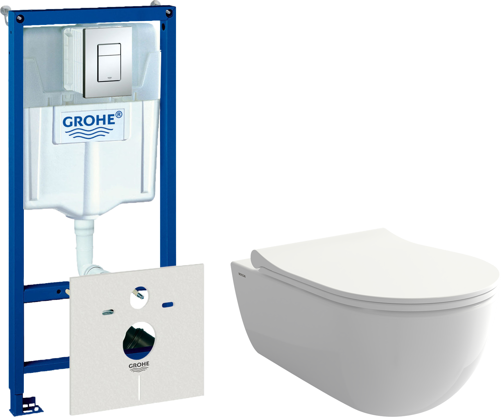 Комплект Унитаз подвесной BOCCHI V-Tondo 1416-001-0129 белый глянцевый + Крышка-сиденье BOCCHI A0336-001 с микролифтом, глянцевая белая + Система инсталляции для унитазов Grohe Rapid SL 38775001H 4 в 1 с кнопкой смыва и шумоизоляцией