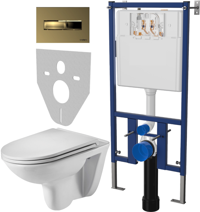 Комплект Унитаз подвесной Weltwasser WW SK Baarbach 004GL-WT безободковый, с микролифтом + Система инсталляции для унитазов DIWO 4501 + Кнопка смыва DIWO 7325 золотая