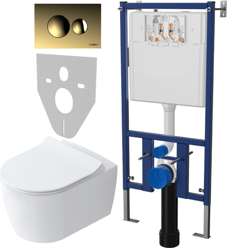 Комплект Унитаз подвесной STWORKI Ноттвиль SETK3104-2616 безободковый, с микролифтом + Система инсталляции для унитазов DIWO 4501 + Кнопка смыва DIWO 7315 золотая