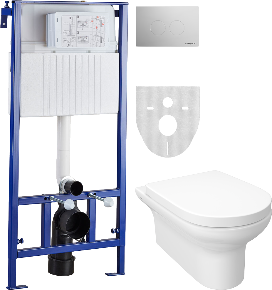 Комплект Унитаз подвесной STWORKI Хаммель HDC520WH с микролифтом + Инсталляция + Кнопка Хельсинки 500472 хром глянцевая