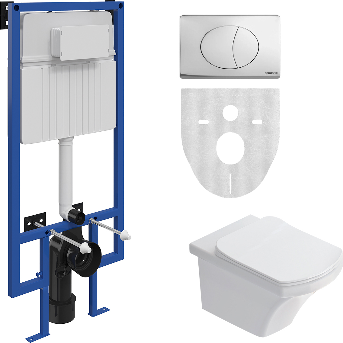 Комплект 3 в 1 Унитаз подвесной STWORKI Хальмстад SETK2804-0606-001-1-6000 с микролифтом + Инсталляция 510162 + Кнопка 230823 цвет матовый хром