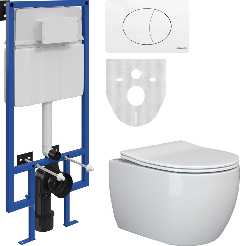 Комплект STWORKI Унитаз подвесной Ceramica Nova Play CN3001 безободковый + Система инсталляции для унитазов STWORKI 510163 + кнопка смыва