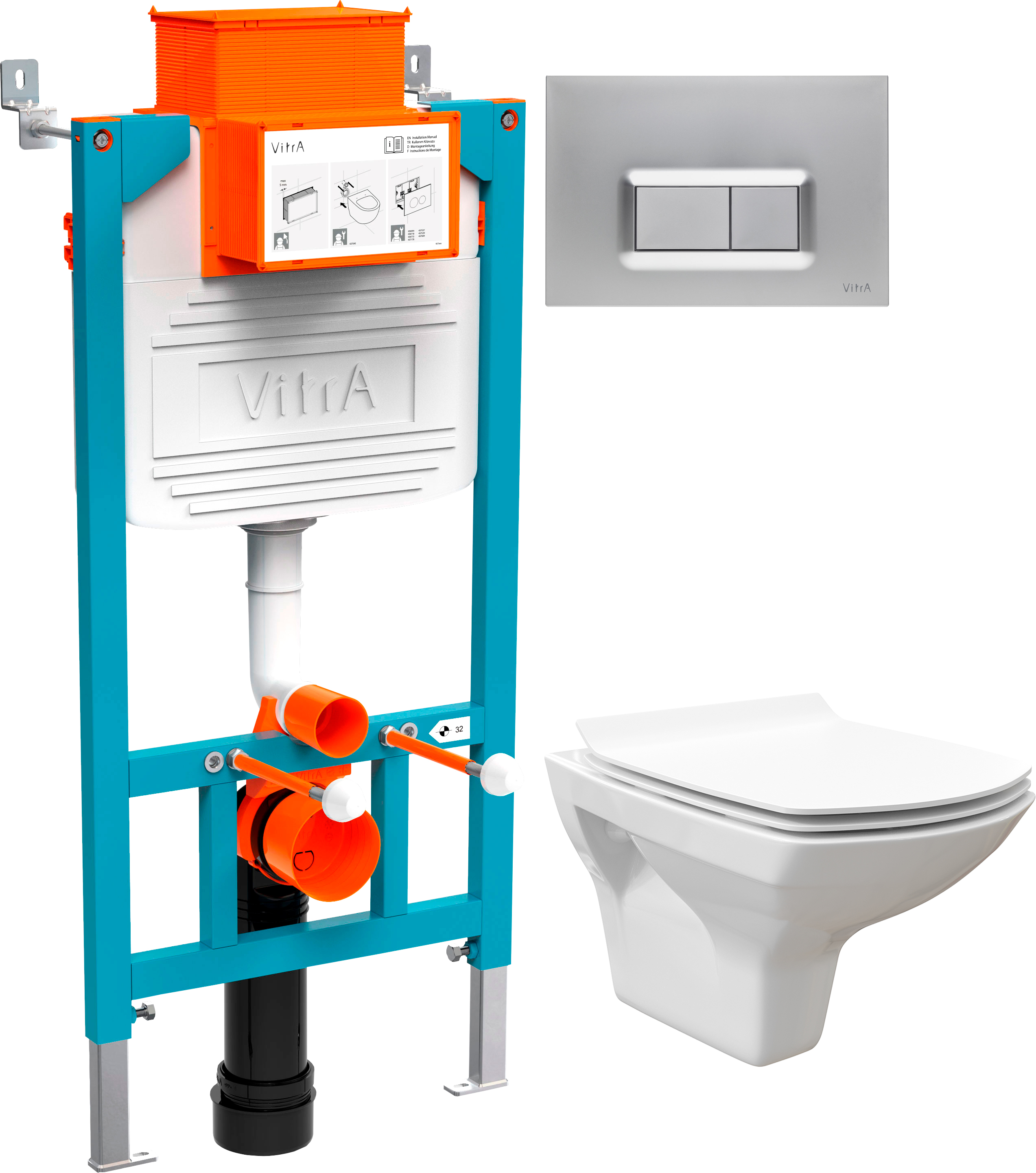 Комплект Унитаз подвесной STWORKI Стокгольм Clean On DPL EO slim 63428 безободковый + Инсталляция VitrA 800-2018 с кнопкой смыва, хром