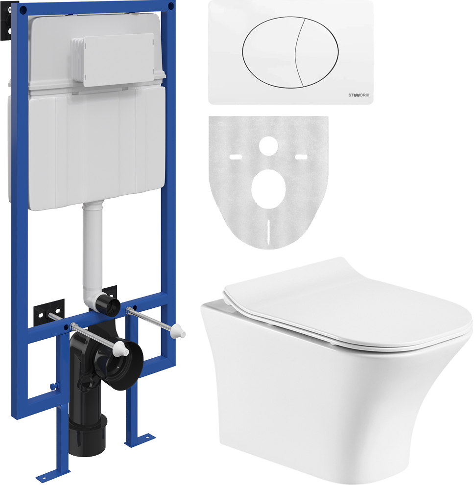 Комплект Унитаз подвесной STWORKI Монтре MO-01up безободковый, с микролифтом + Инсталляция + Кнопка 230824 белая