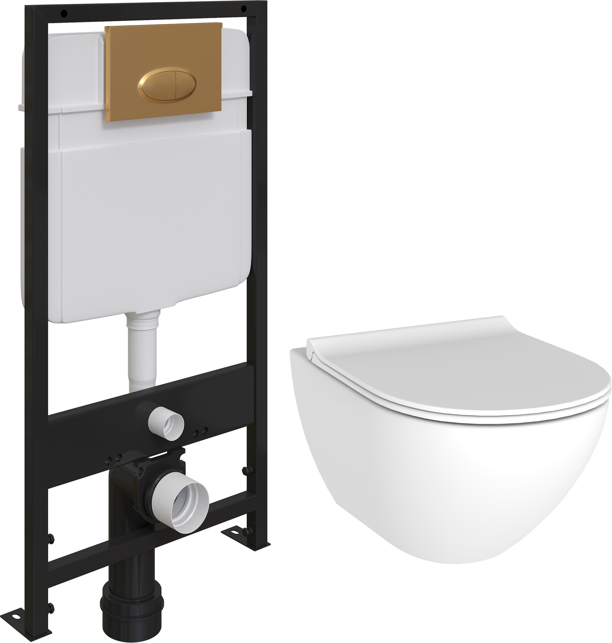 Комплект Унитаз подвесной STWORKI Merlingen HWH55 с микролифтом, безободковый + Система инсталляции для унитазов EWRIKA ProLT 0026-2020 + Кнопка смыва EWRIK 0053 золото матовое