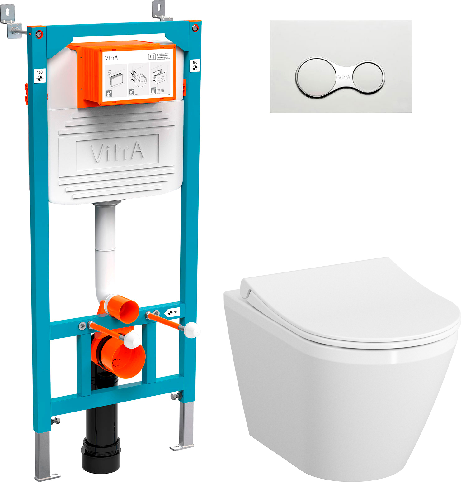 Комплект Унитаз подвесной VitrA Integra 7040B003-0075 + Крышка 110-003-019 + Инсталляция 800-2009 с кнопкой смыва, белая